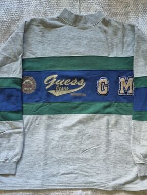 Vintage 90s Guess Jeans Men’s Grey Crewneck Sweatshirt with Green & Blue Stripes
